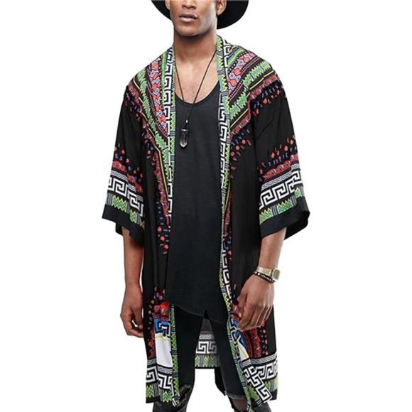 Men's African Dashiki Print Ruffle Shawl Collar Cardigan - Black